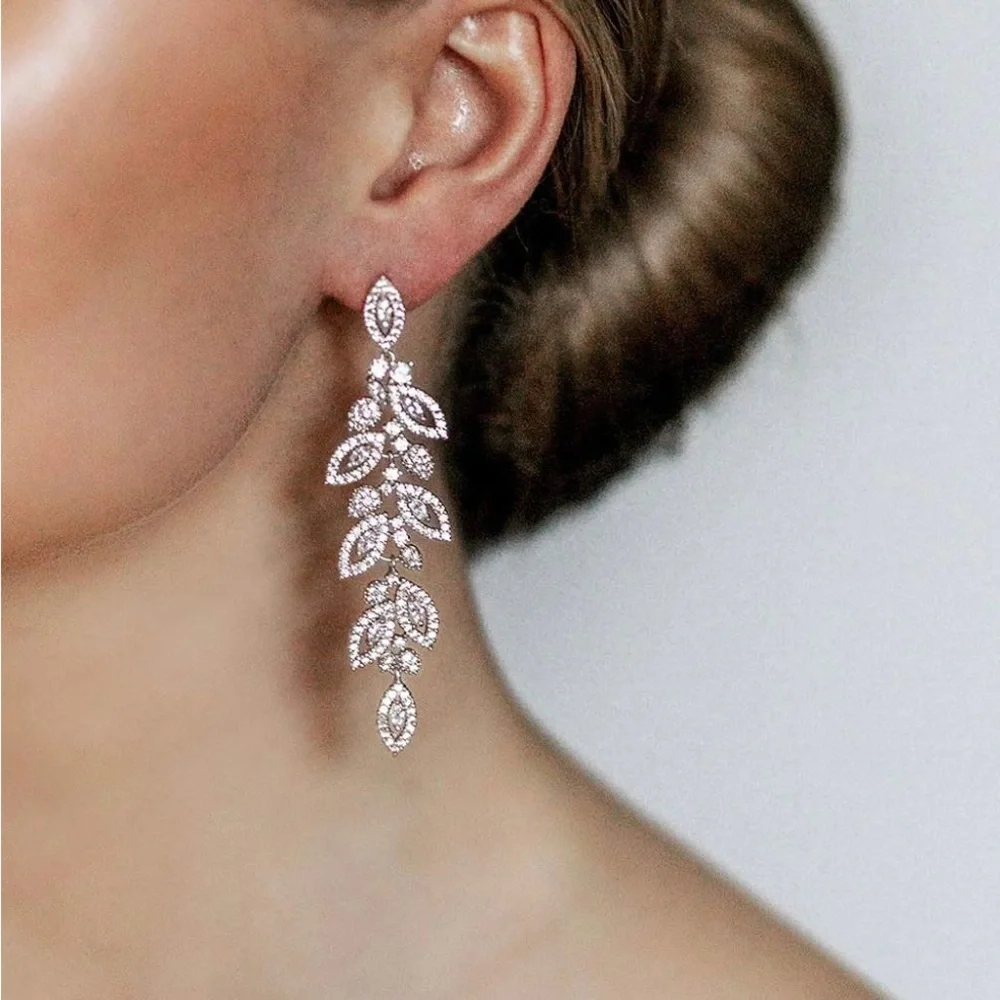 14K Gold Plated Leaflet Special Occasion Dangle Drop Earrings - Picture 10 of 10